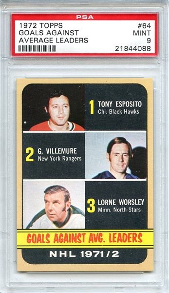 1972 Topps 64 Goals Against Esposito Worsley PSA MINT 9