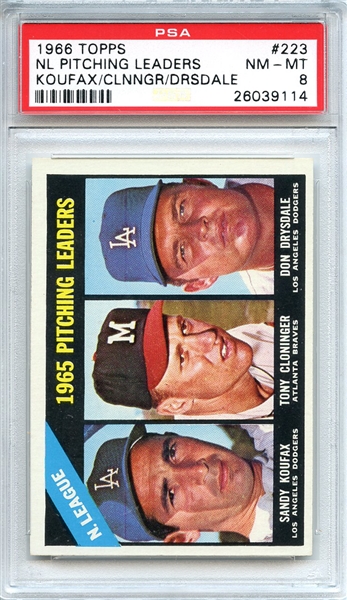 1966 Topps 223 NL Pitching Leaders Koufax/Clnngr/Drsdale PSA NM-MT 8