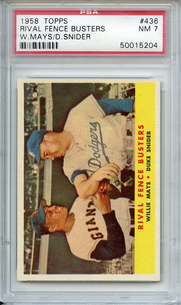 1958 TOPPS 436 RIVAL FENCE BUSTERS MAYS/SNIDER PSA NM 7