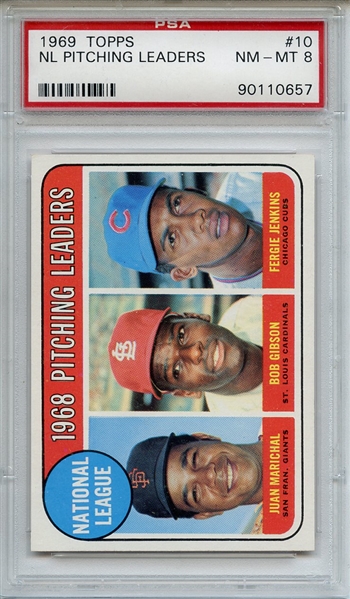 1969 TOPPS 10 NL PITCHING LEADERS MARICHAL/GIBSON/JENKINS PSA NM-MT 8