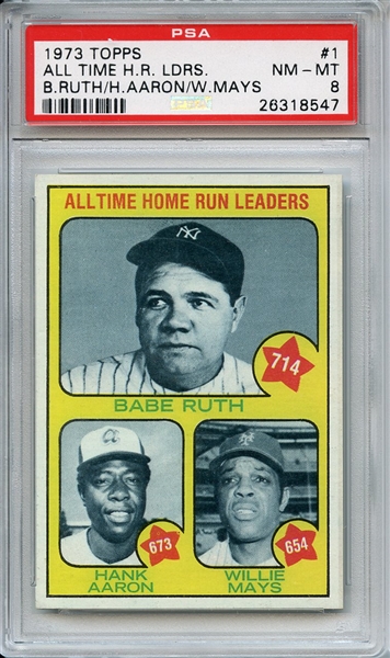 1973 TOPPS 1 ALL TIME H.R. LDRS. B.RUTH/H.AARON/W.MAYS PSA NM-MT 8