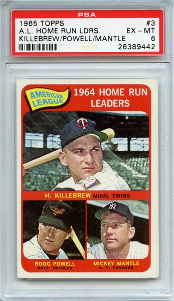 1965 TOPPS 3 A.L. HOME RUN LDRS. KILLEBREW/POWELL/MANTLE PSA EX-MT 6