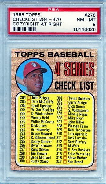 1968 TOPPS 278 CHECKLIST 284-370 COPYRIGHT AT RIGHT PSA NM-MT 8