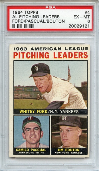 1964 TOPPS 4 AL PITCHING LEADERS FORD/PASCUAL/BOUTON PSA EX-MT 6