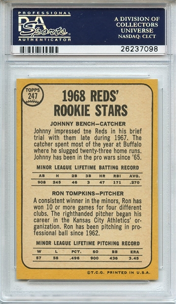 1968 TOPPS 247 JOHNNY BENCH RC PSA NM-MT 8