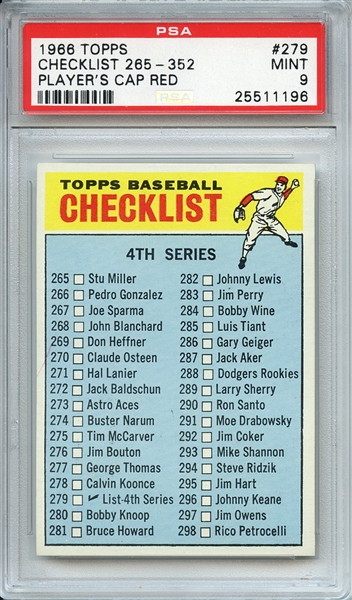 1966 TOPPS 279 CHECKLIST 265-352 PLAYER'S CAP RED PSA MINT 9