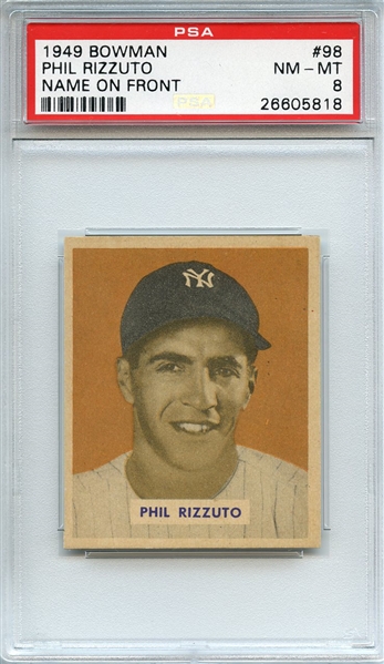 1949 BOWMAN 98 PHIL RIZZUTO NAME ON FRONT PSA NM-MT 8