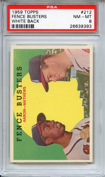 1959 TOPPS 212 FENCE BUSTERS AARON MATHEWS WHITE BACK PSA NM-MT 8