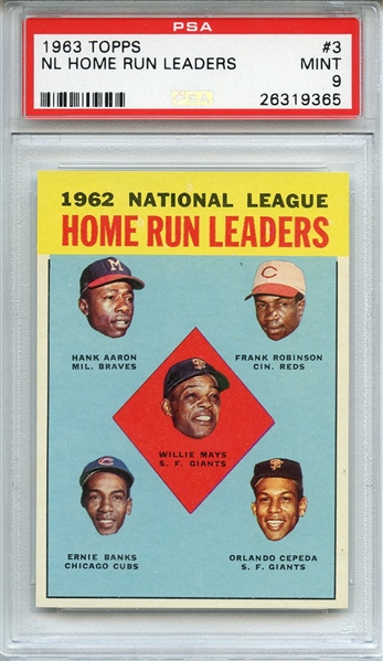 1963 TOPPS 3 NL HOME RUN LEADERS MAYS AARON ROBINSON BANKS CEPEDS PSA MINT 9