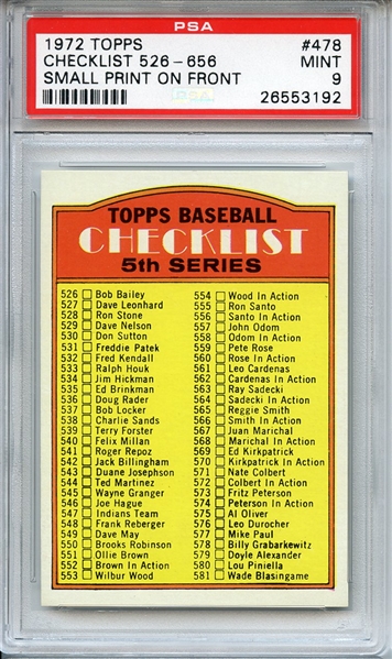 1972 TOPPS 478 CHECKLIST 526-656 SMALL PRINT ON FRONT PSA MINT 9