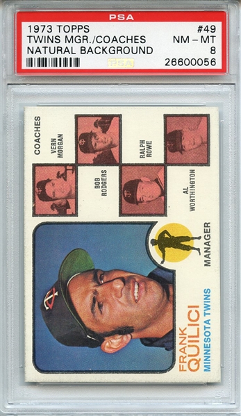 1973 TOPPS 49 TWINS MGR./COACHES NATURAL BACKGROUND PSA NM-MT 8