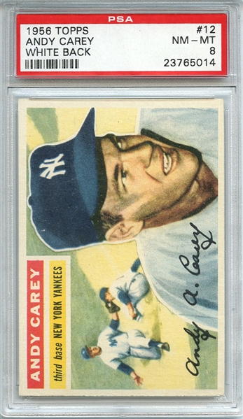 1956 TOPPS 12 ANDY CAREY WHITE BACK PSA NM-MT 8