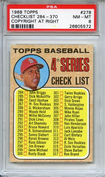 1968 TOPPS 278 CHECKLIST 284-370 COPYRIGHT AT RIGHT PSA NM-MT 8