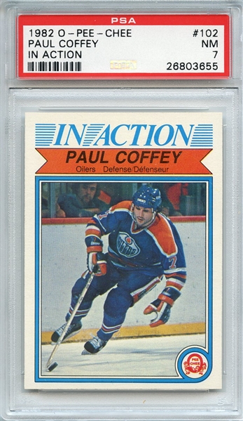 1982 O-PEE-CHEE 102 PAUL COFFEY IN ACTION PSA NM 7
