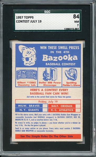 1957 TOPPS CONTEST JULY 19 SGC NM 84 / 7