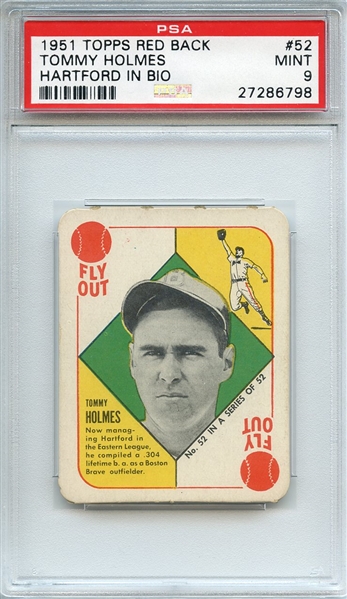 1951 TOPPS RED BACK 52 TOMMY HOLMES HARTFORD IN BIO PSA MINT 9