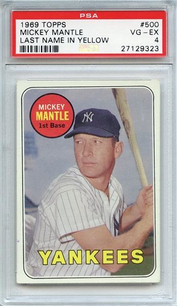 1969 TOPPS 500 MICKEY MANTLE LAST NAME IN YELLOW PSA VG-EX 4