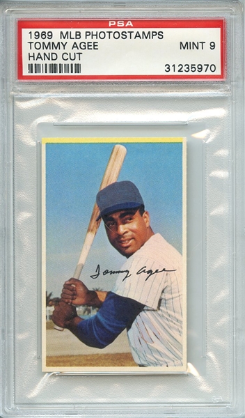 1969 MLB PHOTOSTAMPS TOMMY AGEE HAND CUT PSA MINT 9