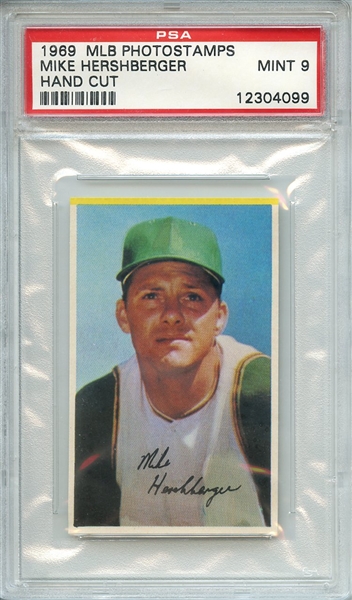 1969 MLB PHOTOSTAMPS MIKE HERSHBERGER HAND CUT PSA MINT 9