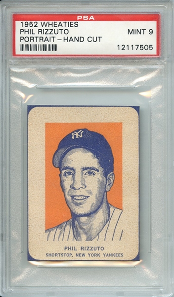 1952 WHEATIES PHIL RIZZUTO PORTRAIT-HAND CUT PSA MINT 9