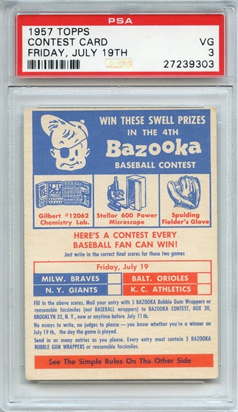 1957 TOPPS CONTEST CARD FRIDAY, JULY 19TH PSA VG 3