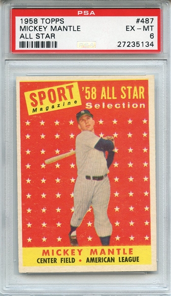 1958 TOPPS 487 MICKEY MANTLE ALL STAR PSA EX-MT 6