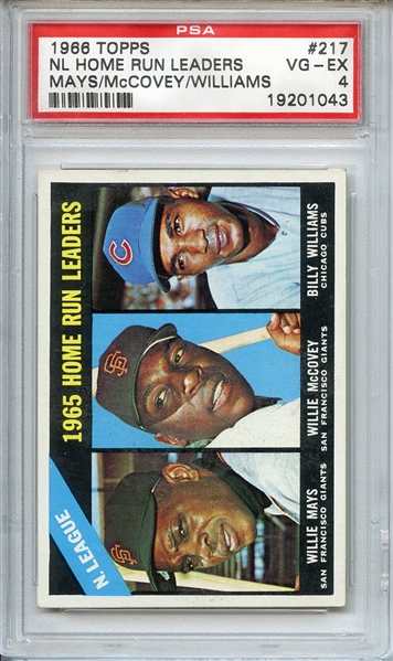 1966 TOPPS 217 NL HOME RUN LEADERS MAYS/McCOVEY/WILLIAMS PSA VG-EX 4