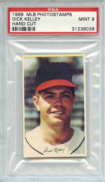 1969 MLB PHOTOSTAMPS DICK KELLEY HAND CUT PSA MINT 9