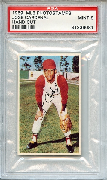 1969 MLB PHOTOSTAMPS JOSE CARDENAL HAND CUT PSA MINT 9