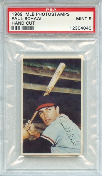 1969 MLB PHOTOSTAMPS PAUL SCHAAL HAND CUT PSA MINT 9