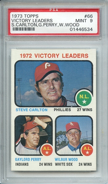 1973 TOPPS 66 VICTORY LEADERS S.CARLTON/G.PERRY/W.WOOD PSA MINT 9