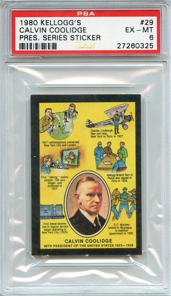 1980 KELLOGG'S PRESIDENTIAL SERIES STICKER 29 CALVIN COOLIDGE PRES. SERIES STICKER PSA EX-MT 6