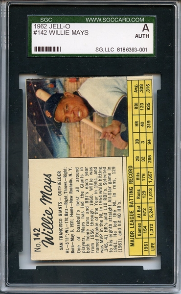 1962 JELL-O 142 WILLIE MAYS SGC AUTHENTIC