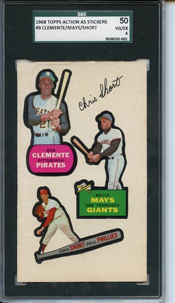 1968 TOPPS ACTION ALL STAR STICKERS 9 CLEMENTE MAYS SHORT SGC VG/EX 50 / 4