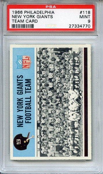 1966 PHILADELPHIA 118 NEW YORK GIANTS TEAM CARD PSA MINT 9