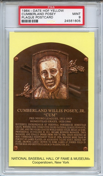 1964-DATE HALL OF FAME YELLOW PLAQUE POSTCARD CUMBERLAND POSEY PLAQUE POSTCARD PSA MINT 9
