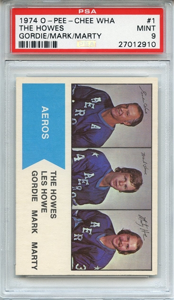 1974 O-PEE-CHEE WHA 1 THE HOWES GORDIE/MARK/MARTY PSA MINT 9