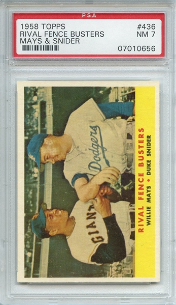 1958 TOPPS 436 RIVAL FENCE BUSTERS W.MAYS/D.SNIDER PSA NM 7