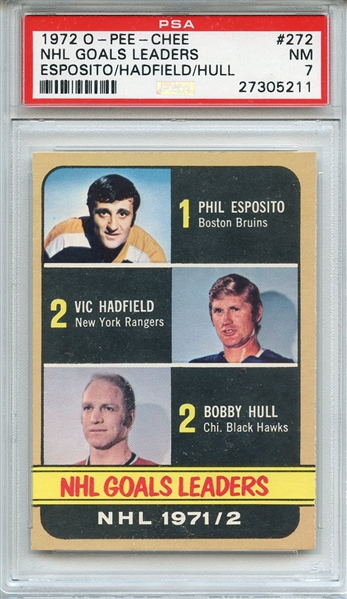 1972 O-PEE-CHEE 272 NHL GOALS LEADERS ESPOSITO/HADFIELD/HULL PSA NM 7
