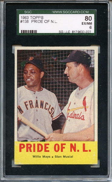 1963 TOPPS 138 PRIDE OF NL MAYS MUSIAL SGC EX/MT 80 / 6