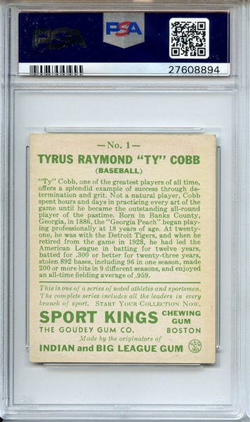 1933 SPORT KINGS 1 TY COBB BASEBALL PSA EX-MT 6