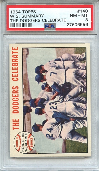 1964 TOPPS 140 W.S. SUMMARY THE DODGERS CELEBRATE PSA NM-MT 8