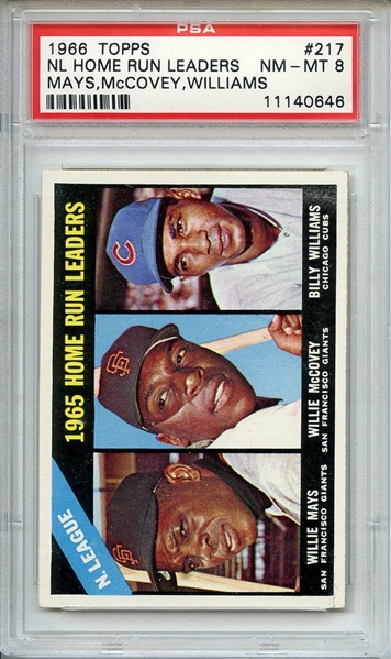 1966 TOPPS 217 NL HOME RUN LEADERS MAYS/McCOVEY/WILLIAMS PSA NM-MT 8