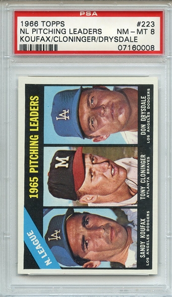 1966 TOPPS 223 NL PITCHING LEADERS KOUFAX/CLNNGR/DRSDALE PSA NM-MT 8