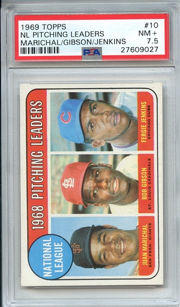 1969 TOPPS 10 NL PITCHING LEADERS MARICHAL/GIBSON/JENKINS PSA NM+ 7.5