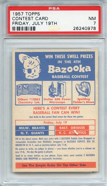 1957 TOPPS CONTEST CARD FRIDAY, JULY 19TH PSA NM 7