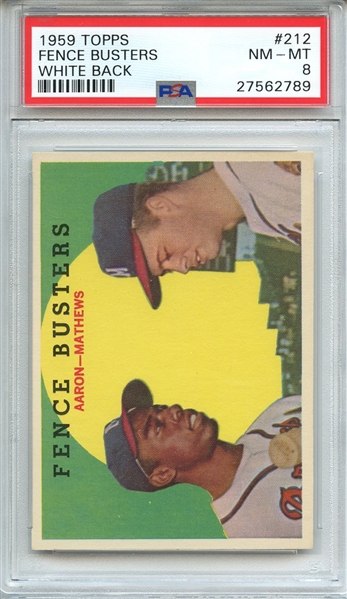 1959 TOPPS 212 FENCE BUSTERS WHITE BACK PSA NM-MT 8