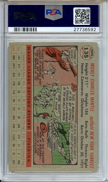 1956 TOPPS 135 MICKEY MANTLE GRAY BACK PSA EX-MT 6