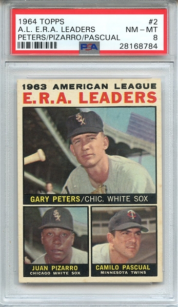 1964 TOPPS 2 A.L. E.R.A. LEADERS PETERS/PIZARRO/PASCUAL PSA NM-MT 8