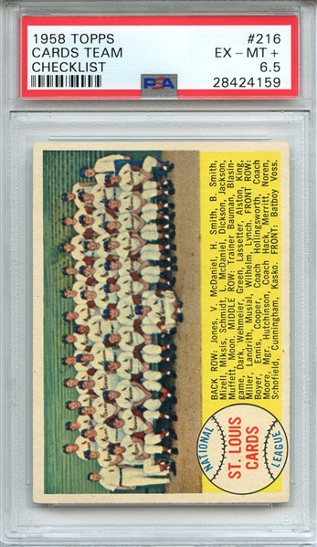 1958 TOPPS 216 CARDS TEAM CHECKLIST PSA EX-MT+ 6.5